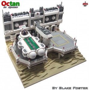 Octan in Space features brick-buiilt tan landscaping reminiscent of the box-art on classic space sets.
